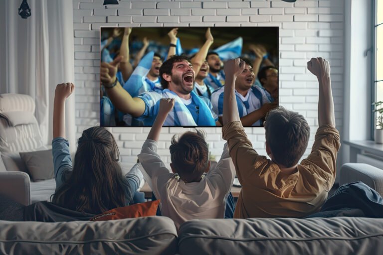 family cheering watching world cup home